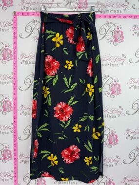 Magazine skirt long Floral Tie-Waist Maxi Skirt - Navy with Red & Yellow Flowers